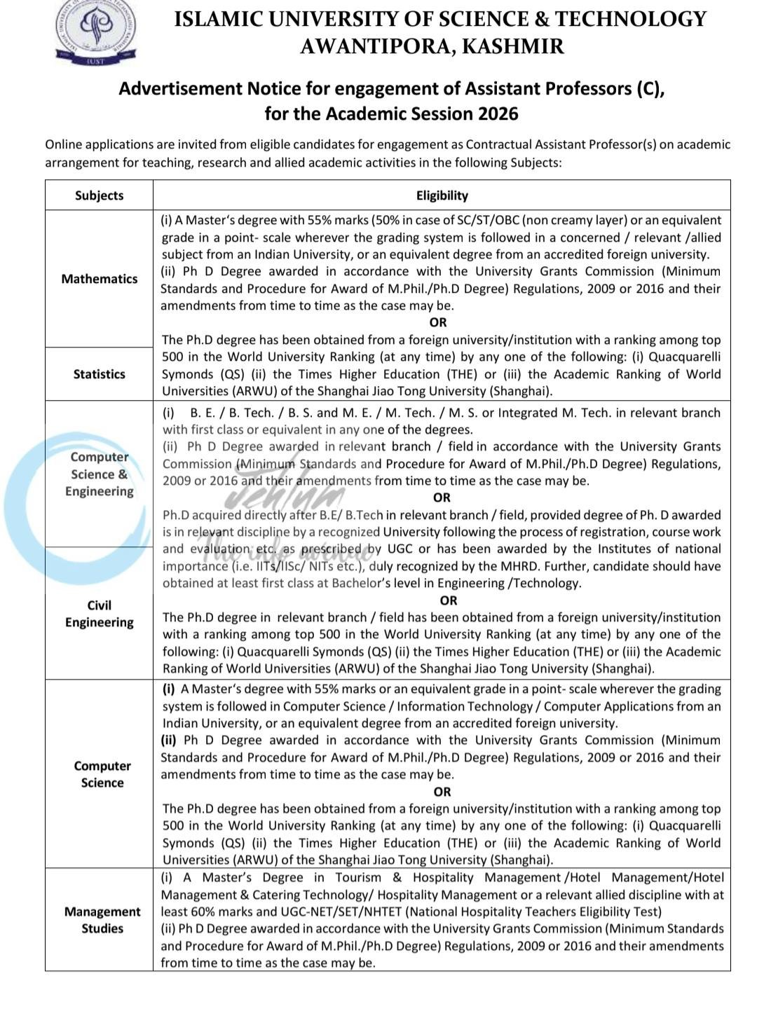 IUST Awantipora Contractual Assistant Professor job opportunities 2026