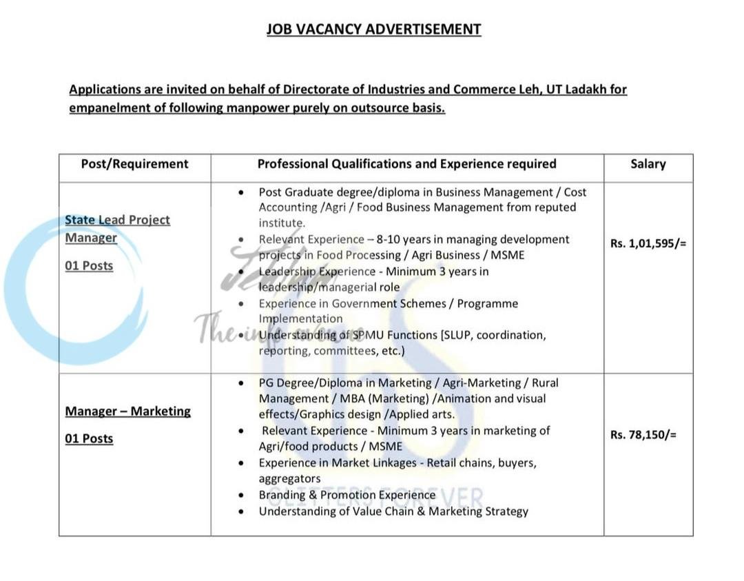 Glitters Forever Housekeeping Services Private Limited Directorate of Industries and Commerce Leh State Lead Project Manager Manager Marketing job opportunities 2026