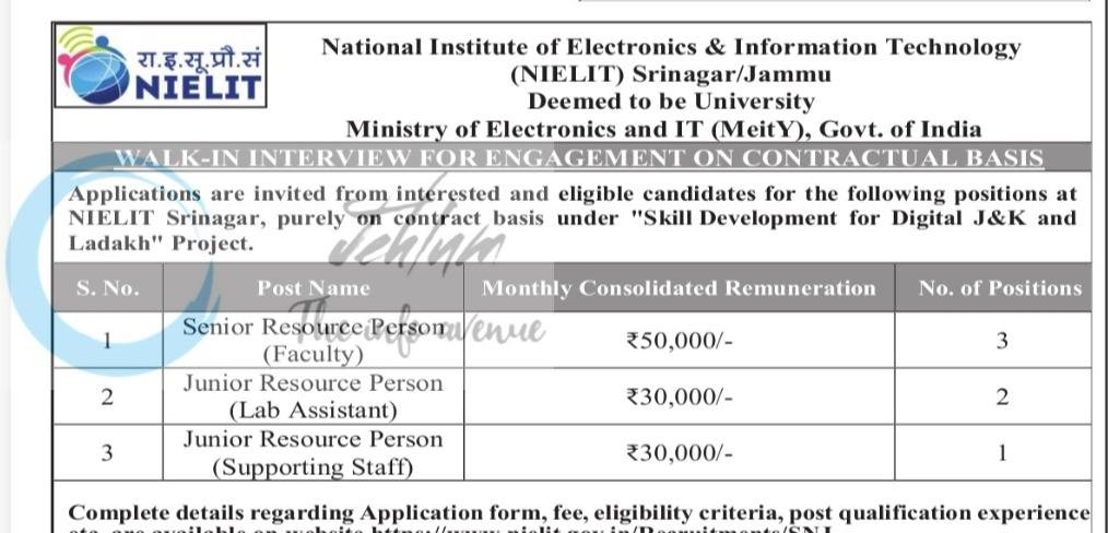 National Institute of Electronics and Information Technology NIELIT Srinagar Senior Resource Person Faculty Junior Resource Person Lab Assistant Junior Resource Person employment opportunities notice 07/01/08/NIELIT/S/J/R/07 1 National Institute of Electronics and Information Technology NIELIT Srinagar Senior Resource Person Faculty Junior Resource Person Lab Assistant Junior Resource Person employment opportunities notice 07/01/08/NIELIT/S/J/R/07