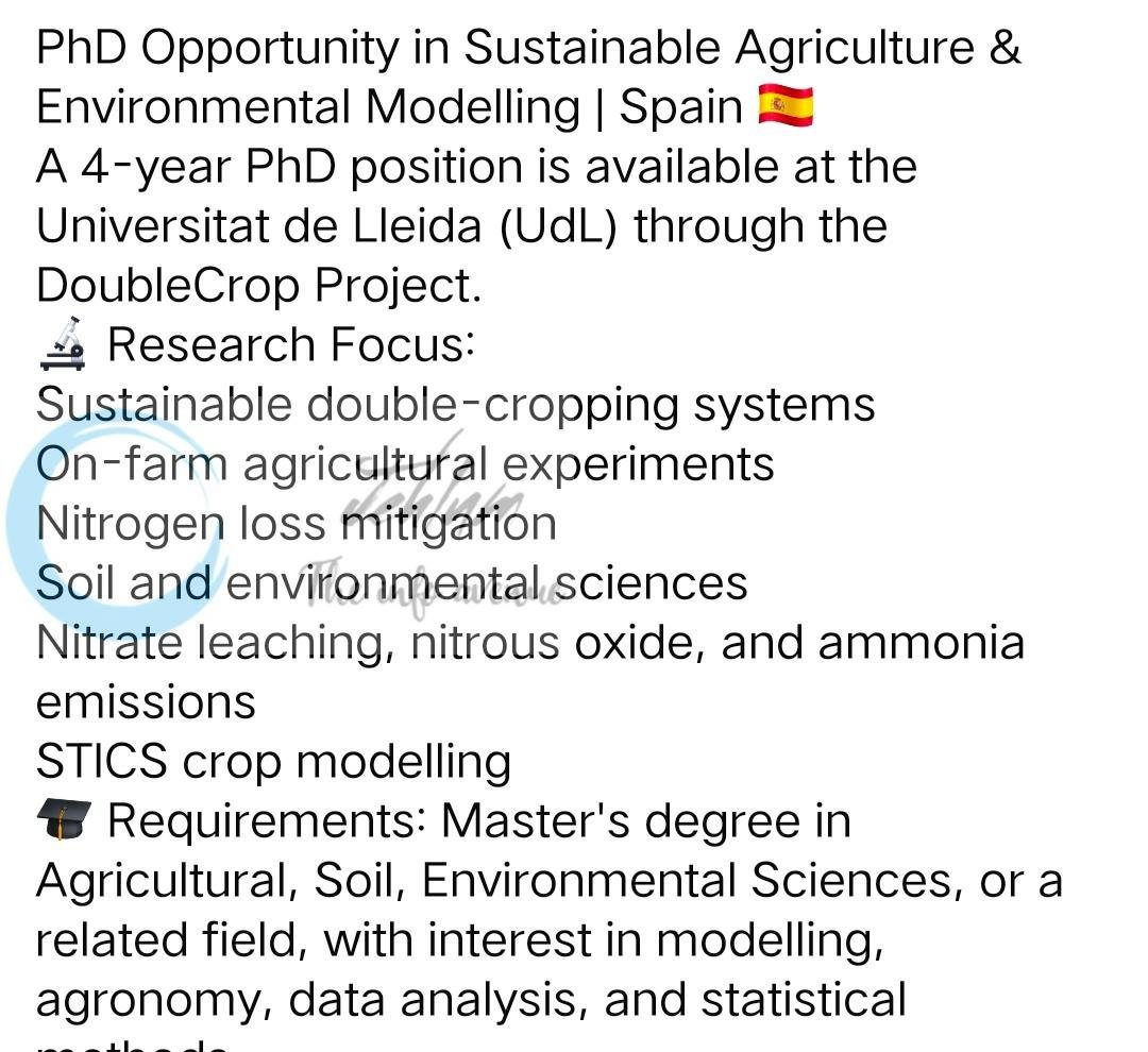 Spain Universitat de Lleida Sustainable Agriculture Environmental Modelling PhD Opportunities 2026