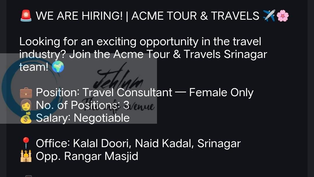 Acme Tour Travels Srinagar Travel Consultant job opportunities 2026 1 Acme Tour Travels Srinagar Travel Consultant job opportunities 2026