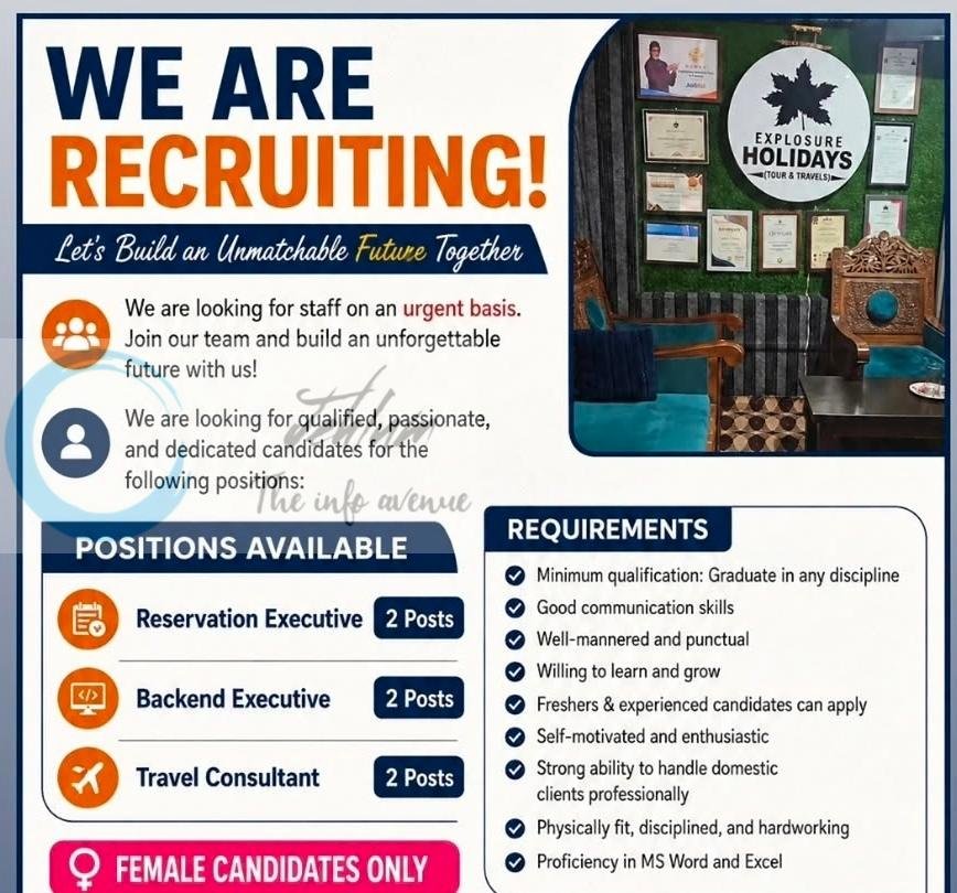 Explosure Holidays Srinagar Backend Executive Travel Consultant job opportunities 2026