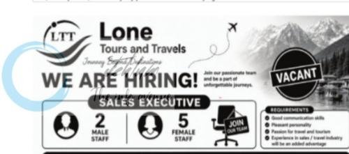 Lone Tours and Travels LTT srinagar Sales Executive job opportunities 2026