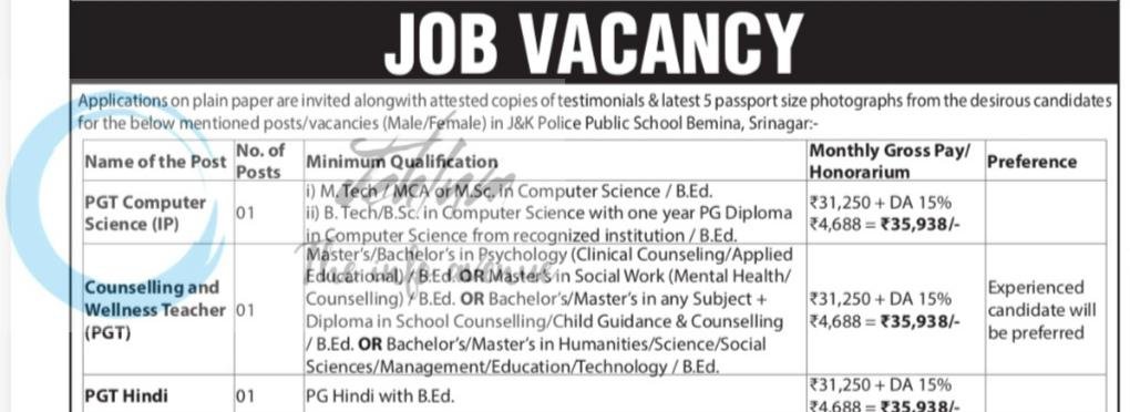JK Police Public School JKPPS Bemina Srinagar teaching job opportunities 2026