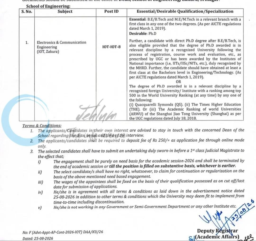 University of Kashmir KU Dean Academic Affairs Contractual Assistant Professors employment opportunities notice F/Advt-Appt-AP-Cont-2026-IOT/DAA/KU/26 1 University of Kashmir KU Dean Academic Affairs Contractual Assistant Professors employment opportunities notice F/Advt-Appt-AP-Cont-2026-IOT/DAA/KU/26