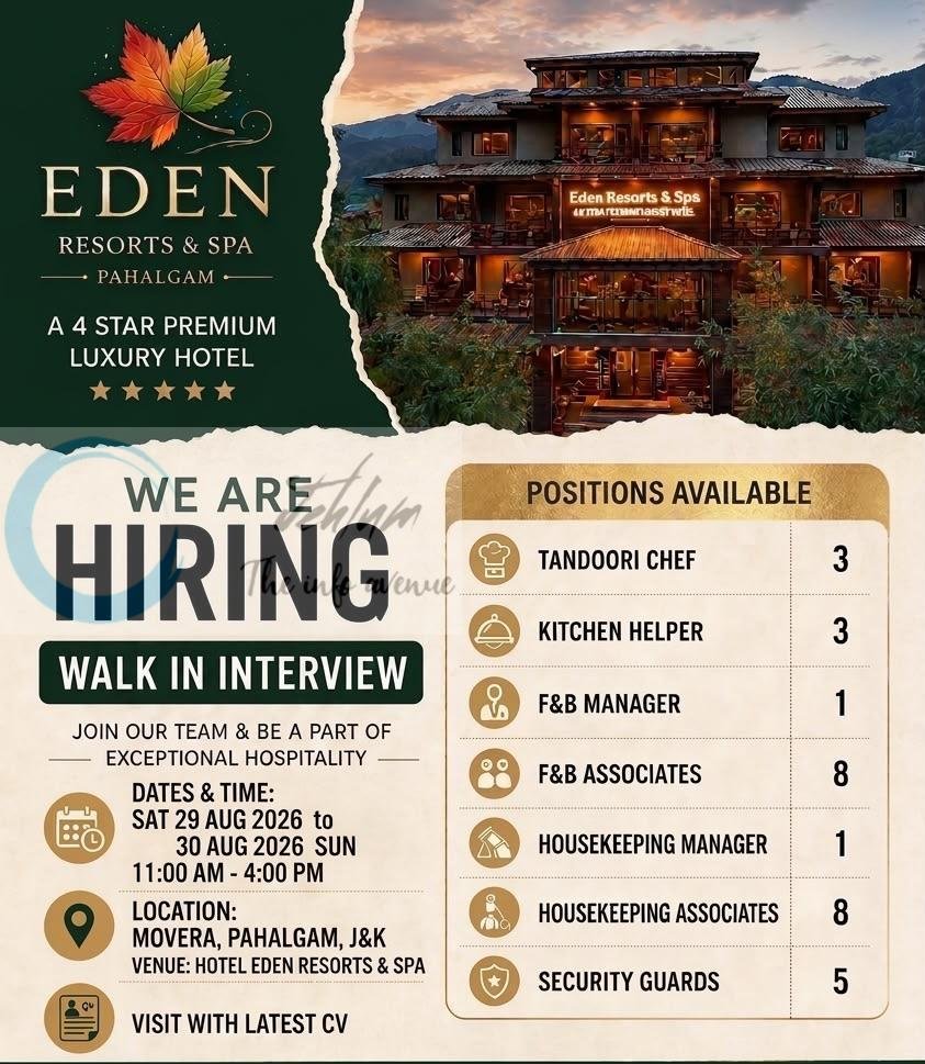 Eden Resorts and Spa Pahalgam Tandoori Chef Kitchen Helper FB Manager job opportunities 2026