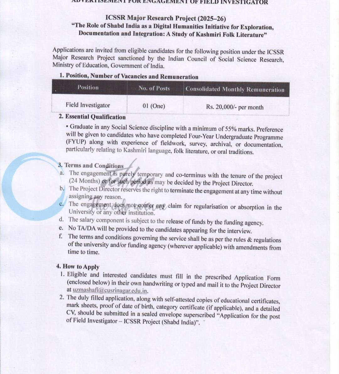 Cluster University Srinagar CUS Dean Humanities Liberal Arts Srinagar Field Investigator job opportunities notice CUS/HLA/2026/500-501