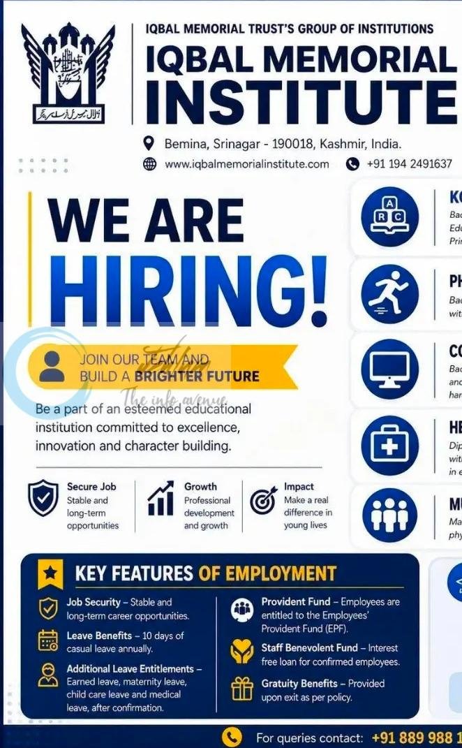 Iqbal Memorial Institute IMI Srinagar KG Teacher PE Teacher Computer Lab Assistant job opportunities 2026 1 Iqbal Memorial Institute IMI Srinagar KG Teacher PE Teacher Computer Lab Assistant job opportunities 2026
