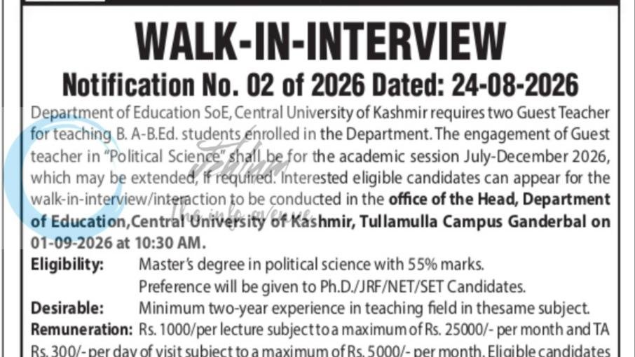 Central University of Kashmir Ganderbal teaching employment opportunities Walk In 2026