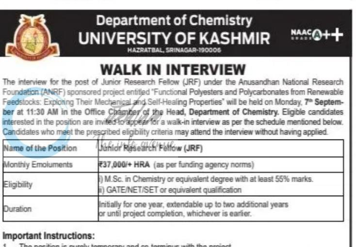 University of Kashmir Department of Chemistry Junior Research Fellow JRF Walk In 2026