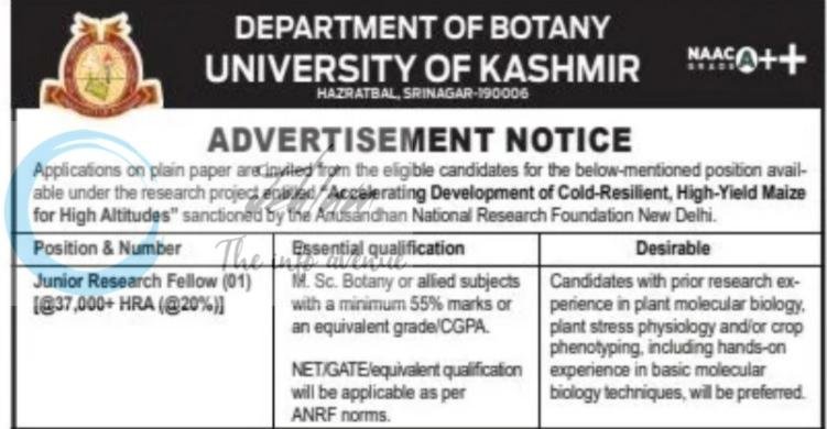 University of Kashmir Department of Botany Junior Research Fellow JRF employment opportunities notice 2026