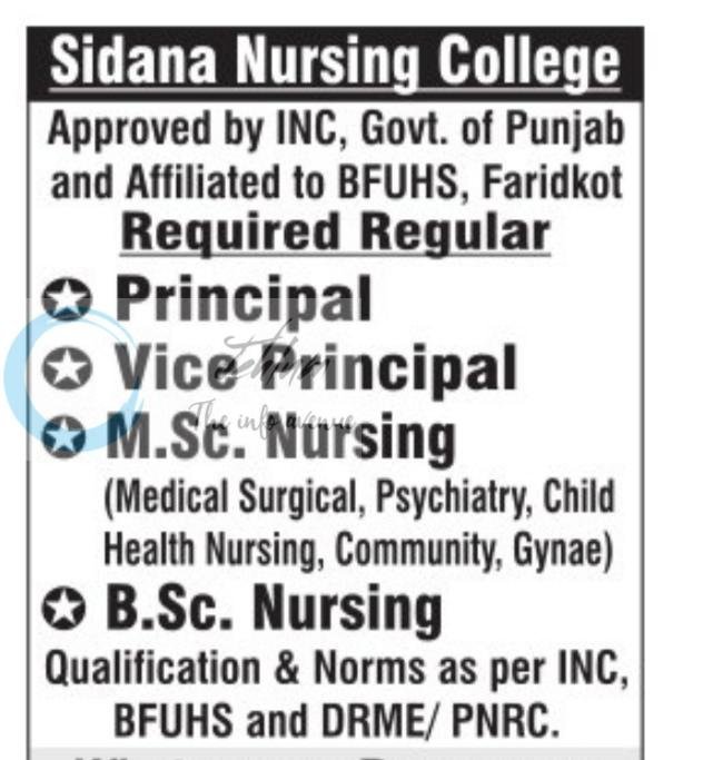 Sidana Nursing College Punjab Principal Vice Principal employment opportunities 2026