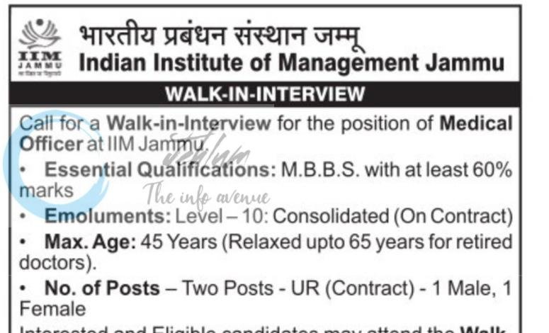 IIM Jammu Medical Officer Walk in Interview 2026