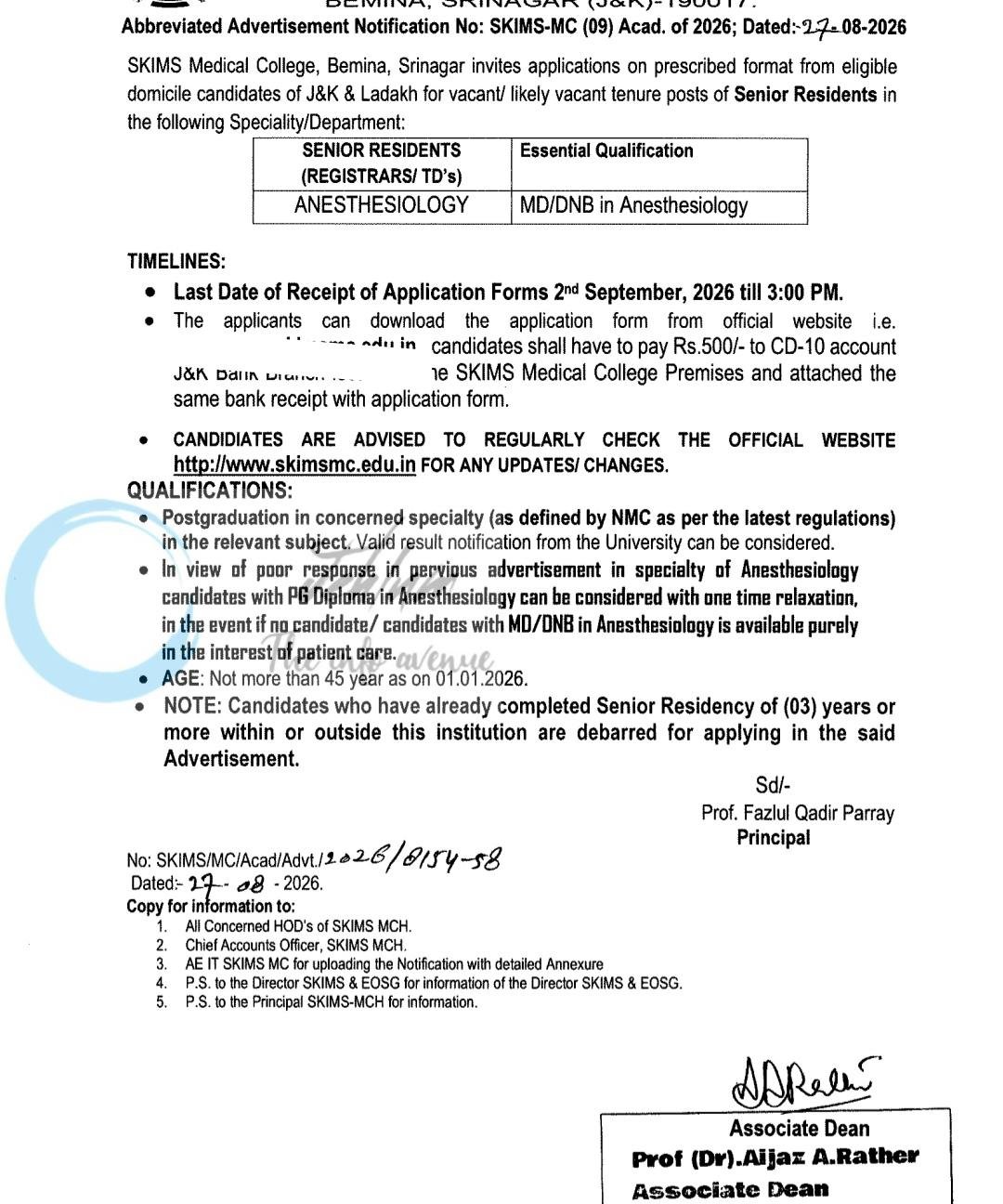 SKIMS Medical College Bemina Srinagar Senior Resident Anesthesiology Registrar employment opportunities SKIMS-MC/09/Acad of 2026 1 SKIMS Medical College Bemina Srinagar Senior Resident Anesthesiology Registrar employment opportunities 2026
