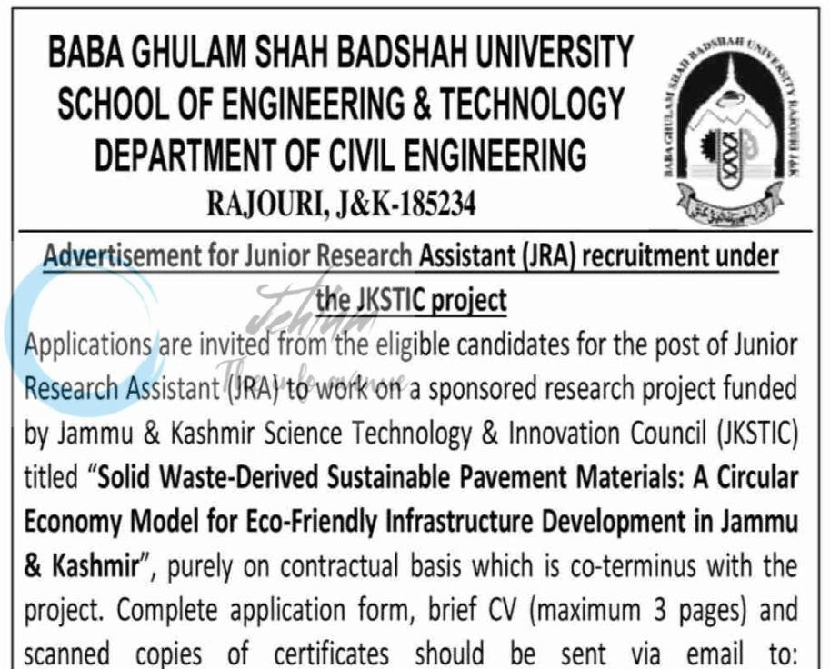 BABA GHULAM SHAH BADSHAH UNIVERSITY SCHOOL OF ENGINEERING and TECHNOLOGY DEPARTMENT OF CIVIL ENGINEERING JRA job opportunities 2026 1 BABA GHULAM SHAH BADSHAH UNIVERSITY SCHOOL OF ENGINEERING and TECHNOLOGY DEPARTMENT OF CIVIL ENGINEERING JRA job opportunities 2026