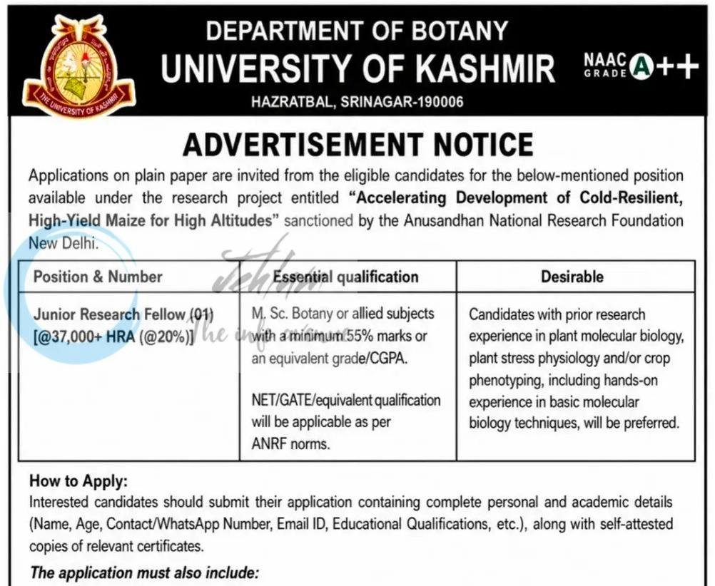 University of Kashmir KU Department of Botany Srinagar Junior Research Fellow JRF employment opportunities notice DIPK-NB-1495-26