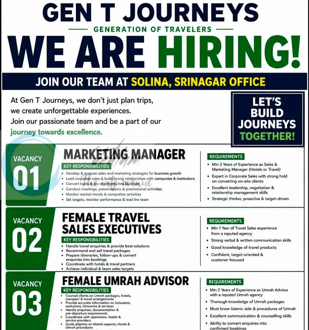 Gen T Journeys Srinagar Marketing Manager Travel Sales Umrah Advisor job opportunities 2026