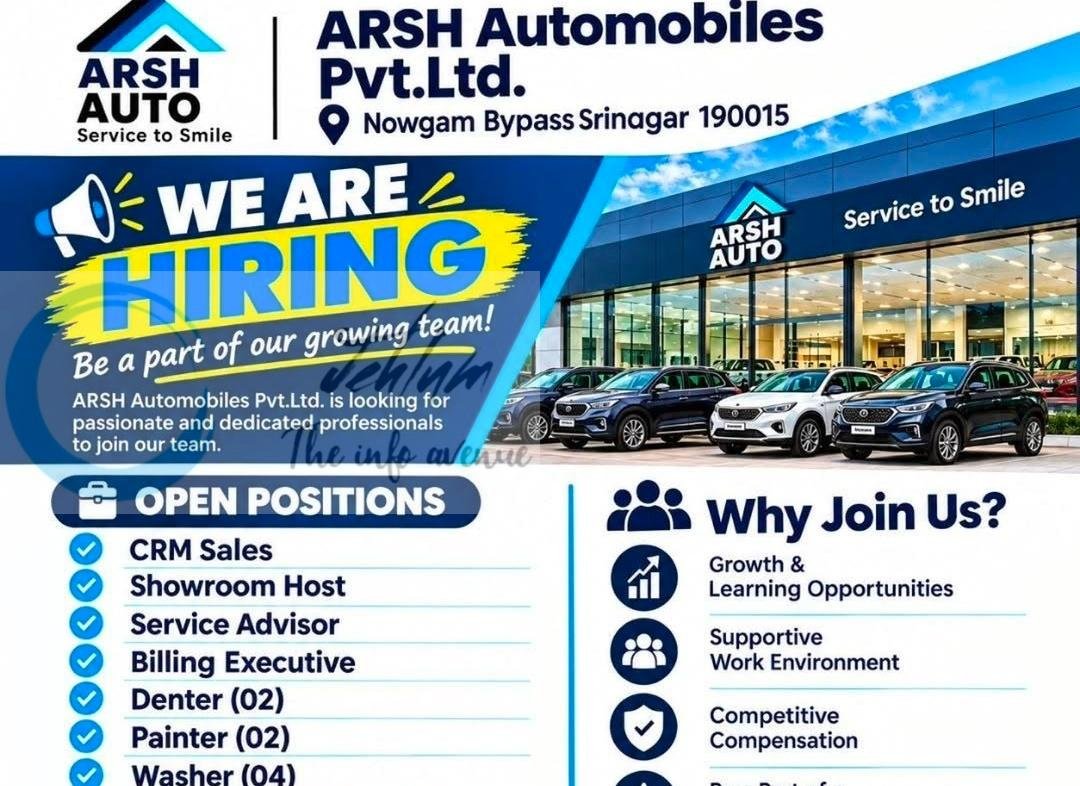 ARSH Automobiles Srinagar staff job opportunities Walk in 2026
