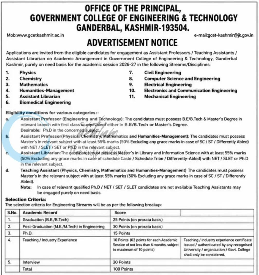 Government College of Engineering & Technology GCET Ganderbal Kashmir Academic Arrangement Recruitment 2026 1 Government College of Engineering & Technology GCET Ganderbal Kashmir Academic Arrangement Recruitment 2026