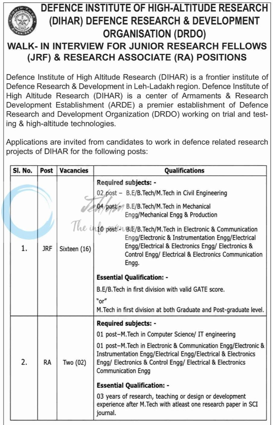 Defence Institute of High Altitude Research DIHAR DRDO Leh Ladakh Junior Research Fellows/ Research Associates Advertisement Notice 2026