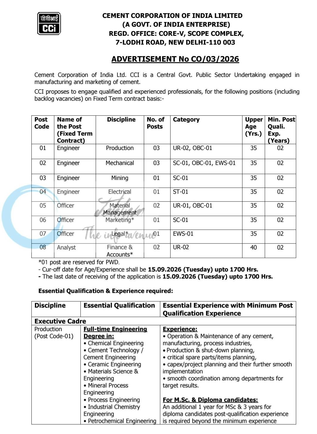 Cement Corporation of India Limited CCI Recruitment Advertisement Notification CO/03/2026