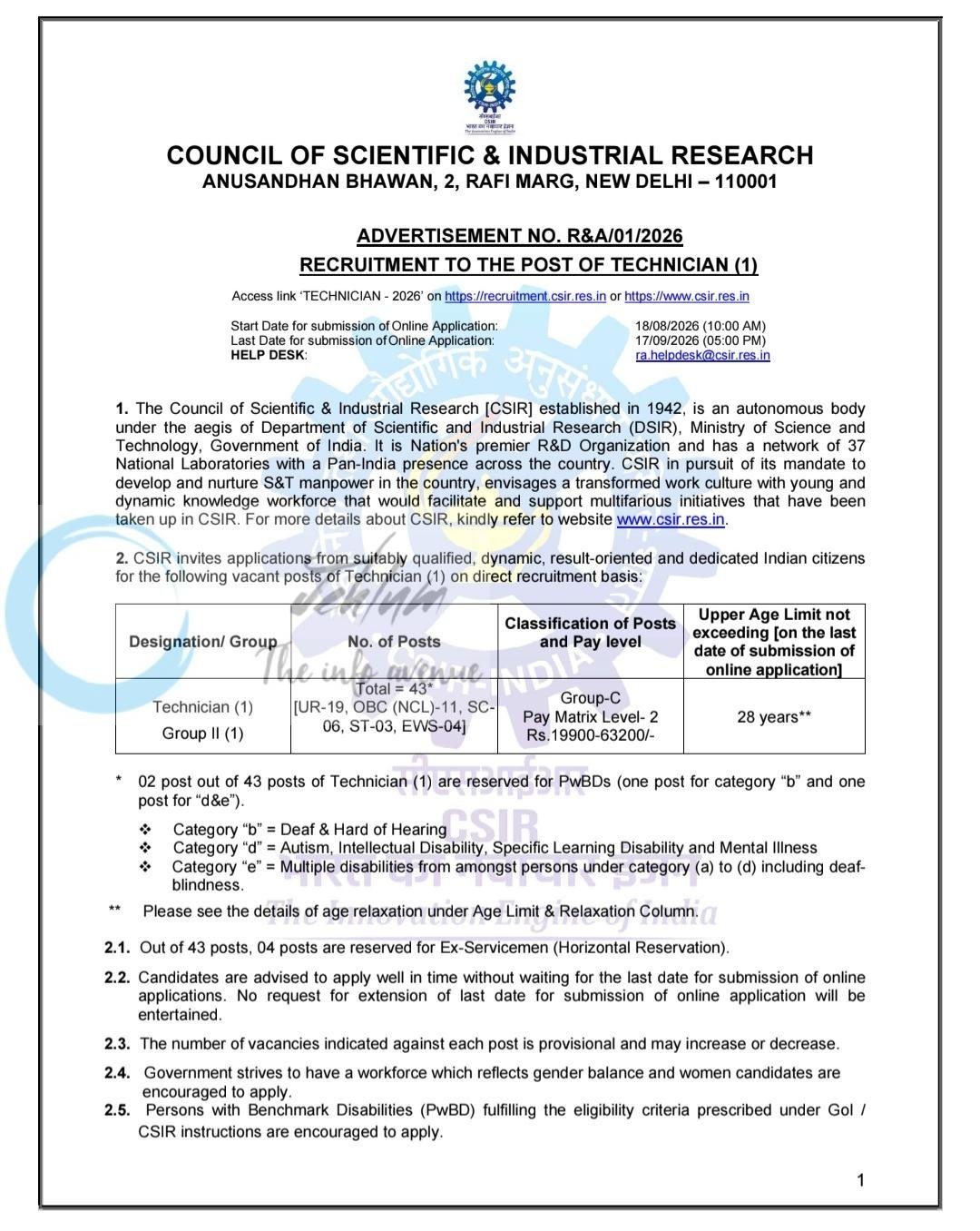Council of Scientific and Industrial Research CSIR Technician Recruitment Advertisement Notice 2026 1 Council of Scientific and Industrial Research CSIR Technician Recruitment Advertisement Notice 2026
