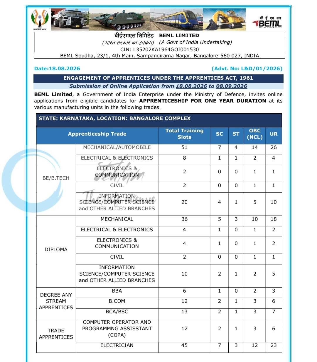 Bharat Earth Movers Limited BEML Apprentices Recruitment Advertisement Notification 2026 1 Bharat Earth Movers Limited BEML Apprentices Recruitment Advertisement Notification 2026