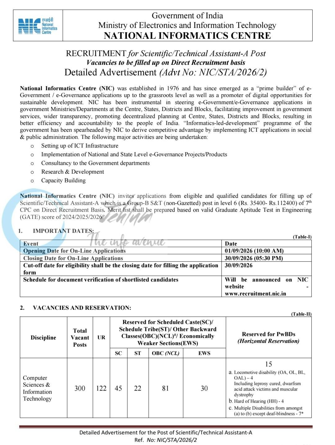 National Informatics Centre NIC Scientific Technical Assistant Recruitment Advt No NIC/STA/2026/2 1 National Informatics Centre NIC Scientific Technical Assistant Recruitment Advt No NIC/STA/2026/2