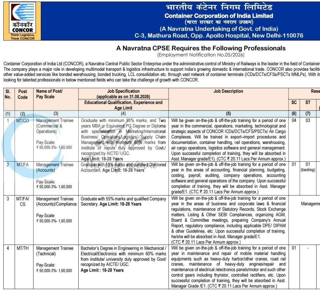 Container Corporation of India CONCOR Management Trainee/ Assistant Officer Jobs Advertisement Notification 2026