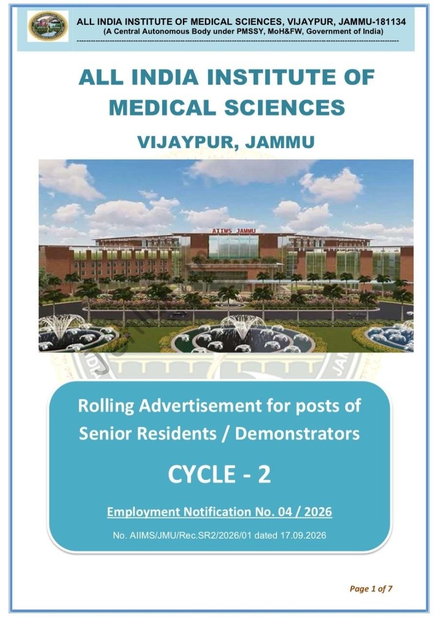 AIIMS Vijaypur Jammu Senior Resident Demonstrator employment opportunities notice AIIMS/JMU/Rec/SR2/2026/01