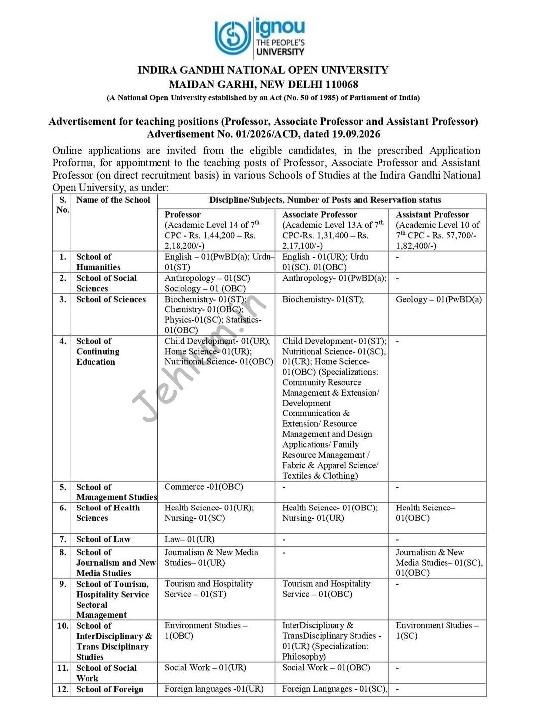 IGNOU New Delhi Teaching Positions Professor Associate Assistant Professor job opportunities 2026