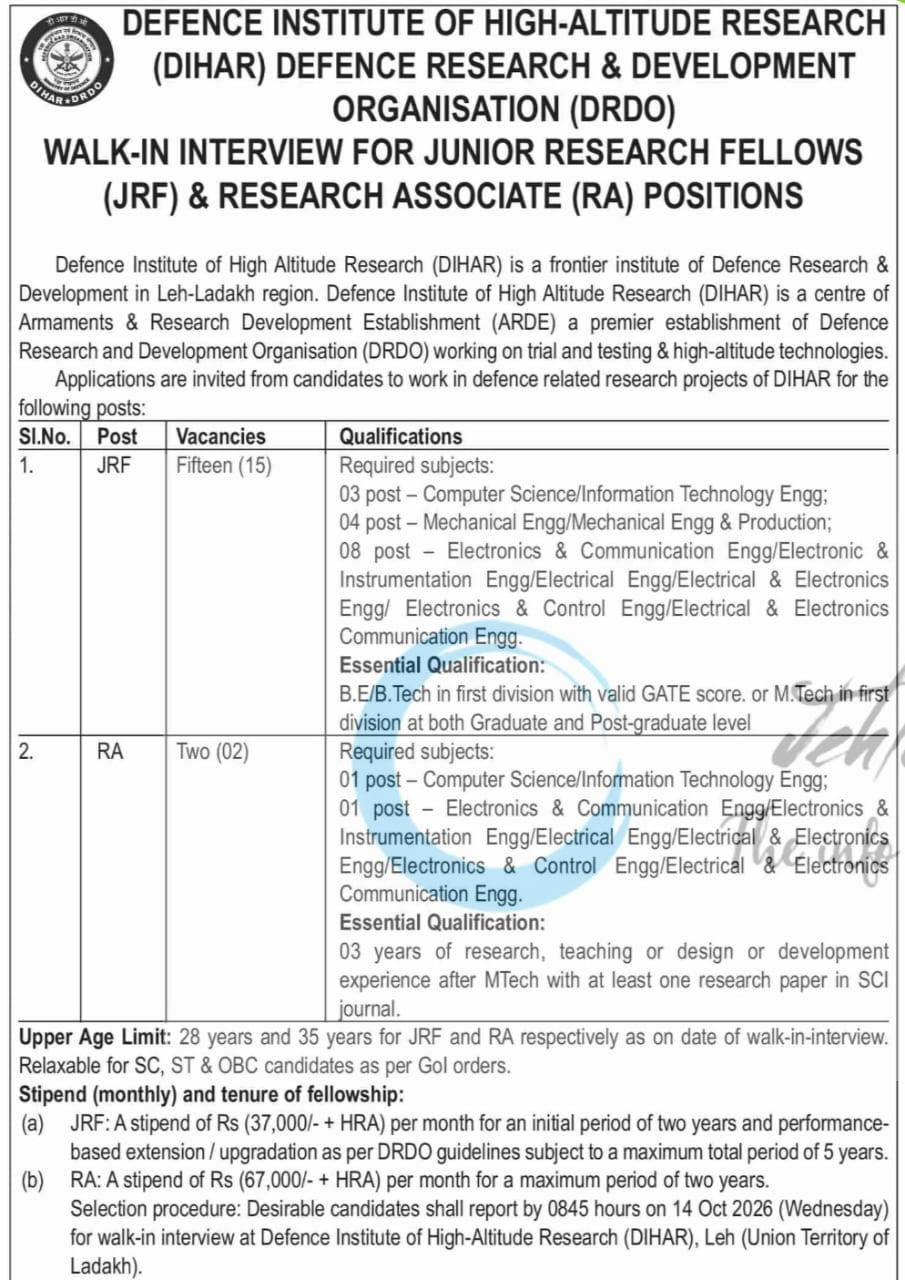 DRDO DIHAR Ladakh JRF/RA job opportunities notice CBC-10301/11/0106/2627