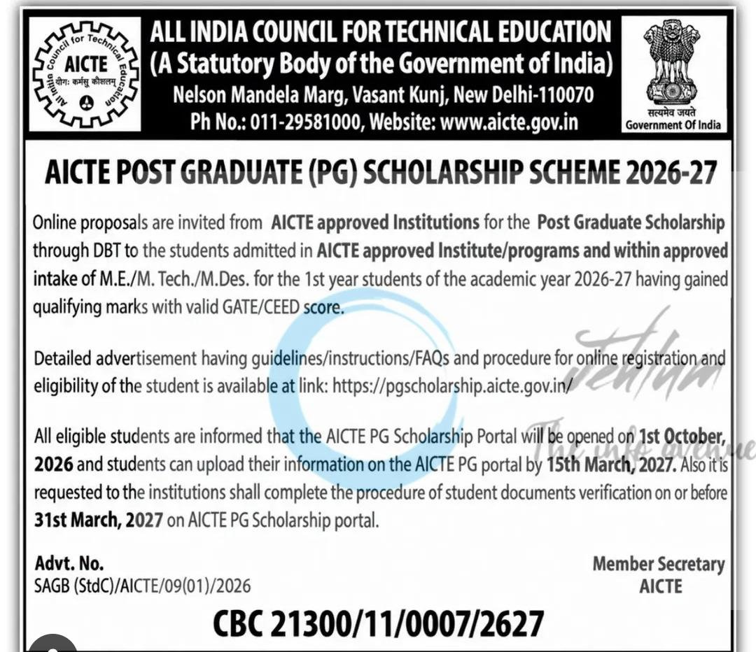 ALL INDIA COUNCIL FOR TECHNICAL EDUCATION AICTE PG Scholarship opportunities  2026-27