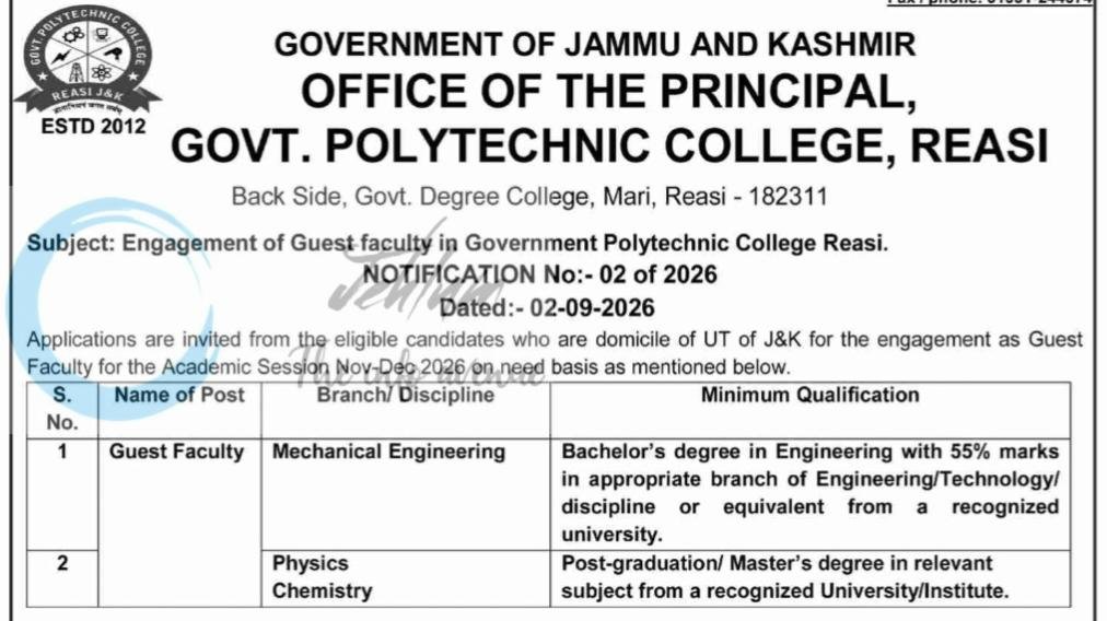 Govt Polytechnic College Reasi Guest Faculty Jobs Advertisement Notice 2026 1 Govt Polytechnic College Reasi Guest Faculty Jobs Advertisement Notice 2026