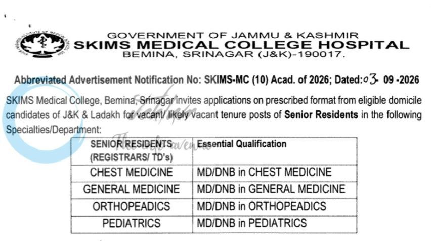 SKIMS Medical College Hospital Bemina Srinagar Senior Resident Advt No SKIMS-MC (10) Acad of 2026