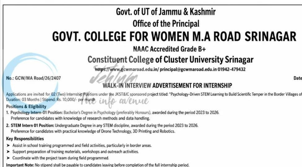 Govt College for Women M A Road Srinagar Psychology STEM Internships Advertisement Notice 2026 1 Govt College for Women M A Road Srinagar Psychology STEM Internships Advertisement Notice 2026