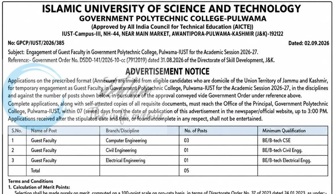 Govt Polytechnic College IUST Pulwama Guest Faculty Advt No GPCP/IUST/2026/385 1 Govt Polytechnic College IUST Pulwama Guest Faculty Advt No GPCP/IUST/2026/385
