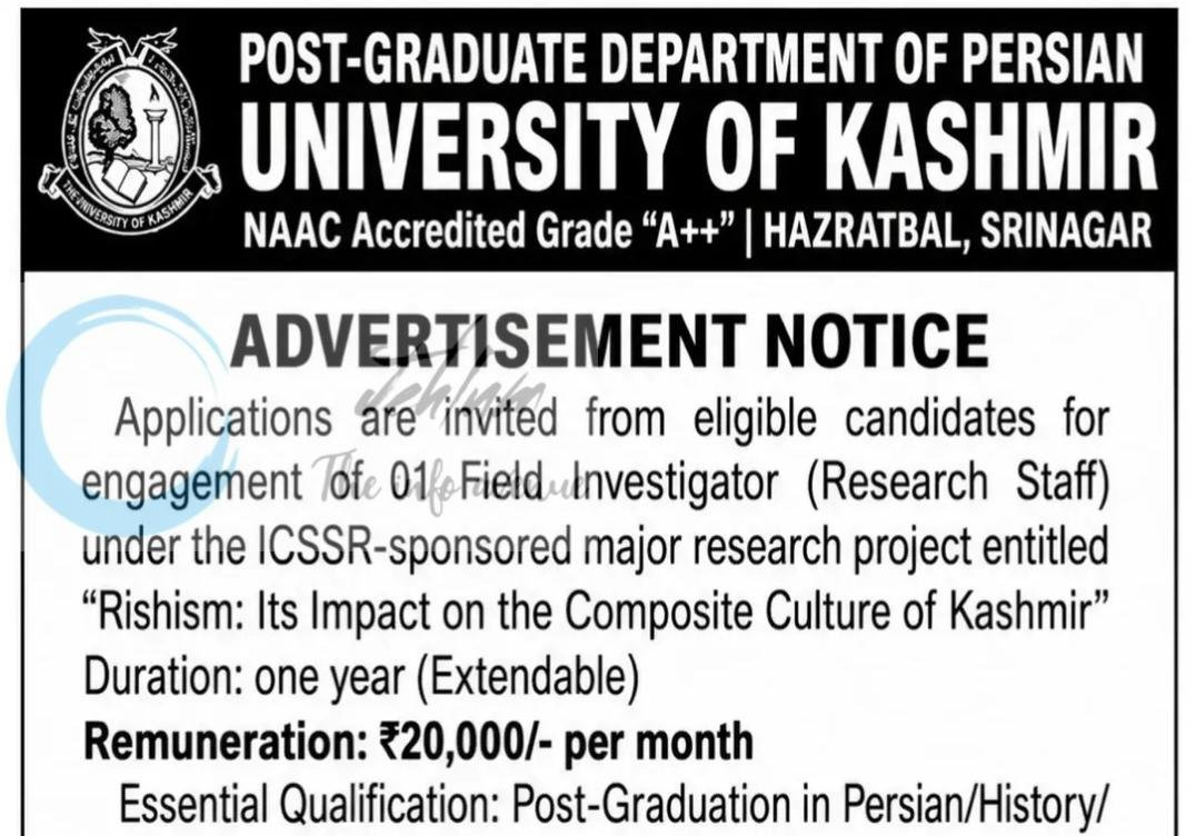 University of Kashmir Department of Persian Field Investigator Advertisement Notice 2026