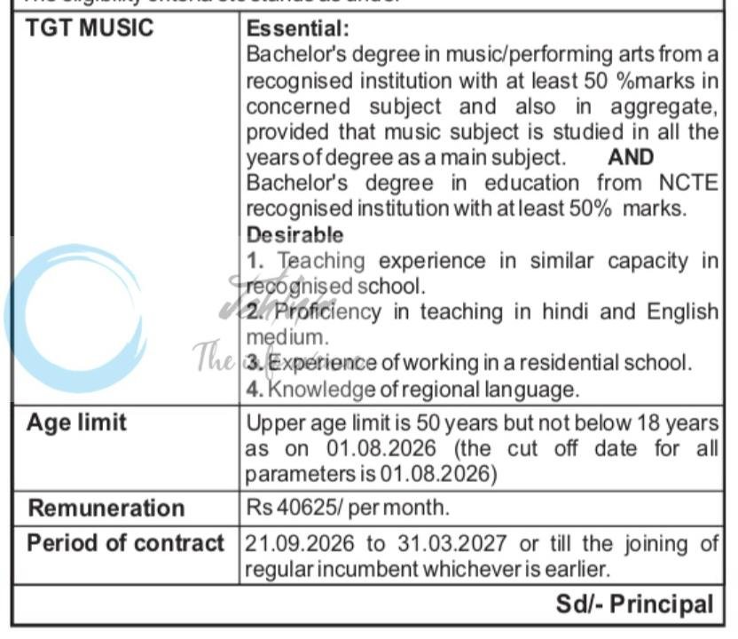 Jawahar Navodaya Vidyalaya JNV Pulwama TGT Music Contract Engagement Notification 2026