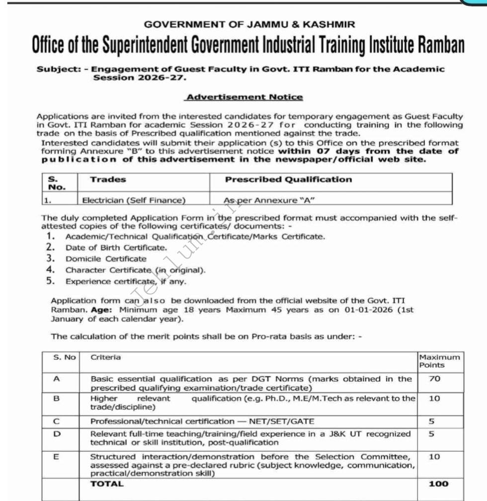 Government Industrial Training Institute ITI Ramban Guest Faculty Jobs Advertisement 2026