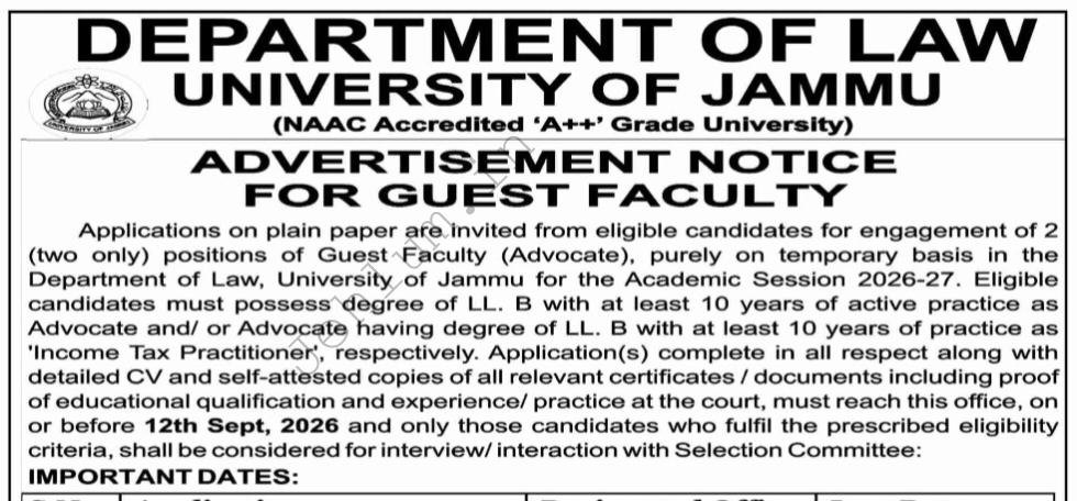 University of Jammu Department of Law Guest Faculty Advertisement Notice 2026 1 University of Jammu Department of Law Guest Faculty Advertisement Notice 2026