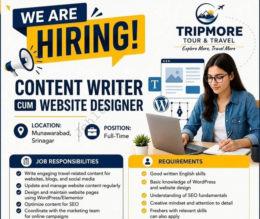 Tripmore Tour and Travel Srinagar Content Writer/ Website Designer Jobs Openings 2026