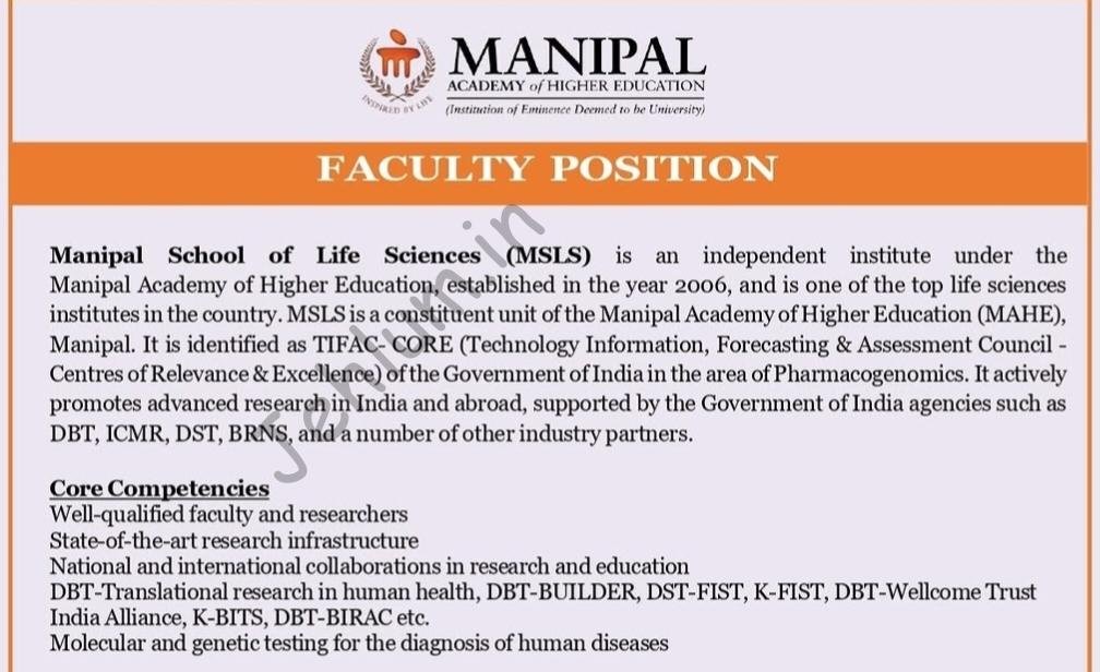 Manipal Academy of Higher Education MAHE Manipal School of Life Sciences Assistant Professor Recruitment Advertisement 2026 1 Manipal Academy of Higher Education MAHE Manipal School of Life Sciences Assistant Professor Recruitment Advertisement 2026