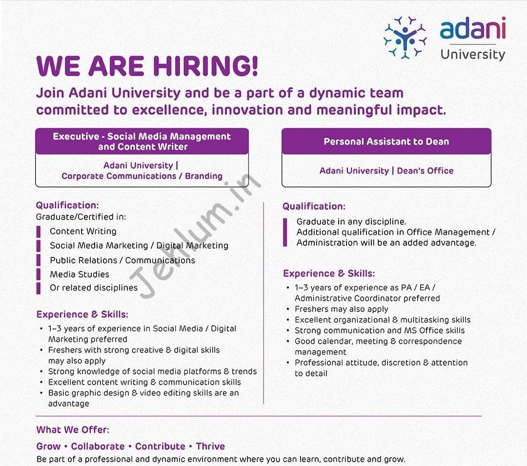 Adani University AU Ahmedabad Executive - Social Media Management/ Content Writer/ Personal Assistant Advertisement Notice AU/HR/ADVT/2026/0010