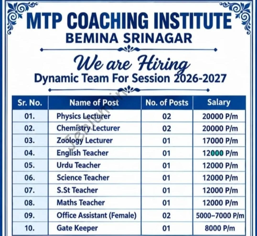 MTP Coaching Institute Srinagar Lecturer Jobs Openings 2026 1 MTP Coaching Institute Srinagar Lecturer Jobs Openings 2026