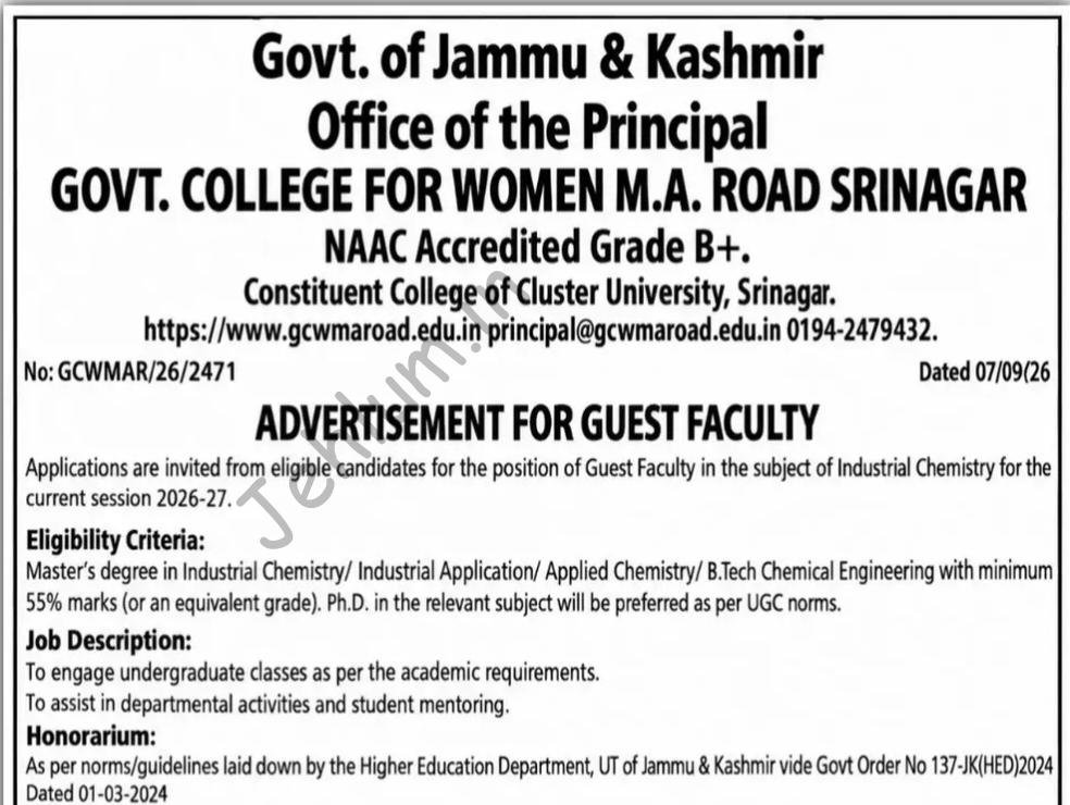 Government College for Women MA Road Srinagar Industrial Chemistry Guest Faculty Advertisement No GCWMAR/26/2471