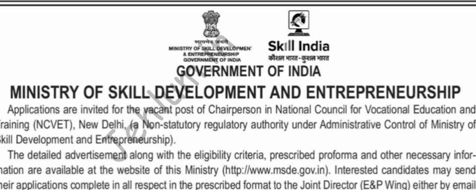 Ministry of Skill Development and Entrepreneurship MSDE NCVET Chairperson Recruitment Advertisement 2026