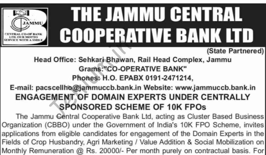 Jammu Central Cooperative Bank JCCB Domain Expert 10K FPO Recruitment Advertisement 2026