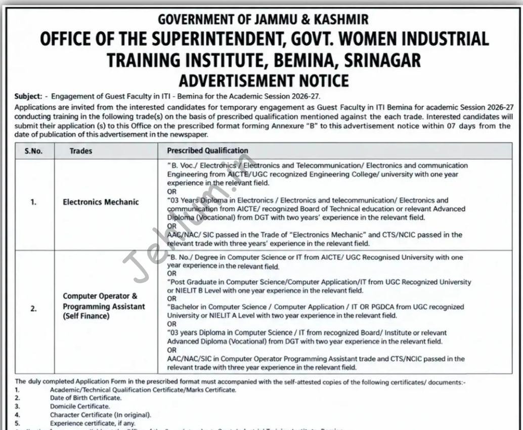 Government Women Industrial Training Institute ITI Bemina Srinagar Guest Faculty employment opportunities 2026