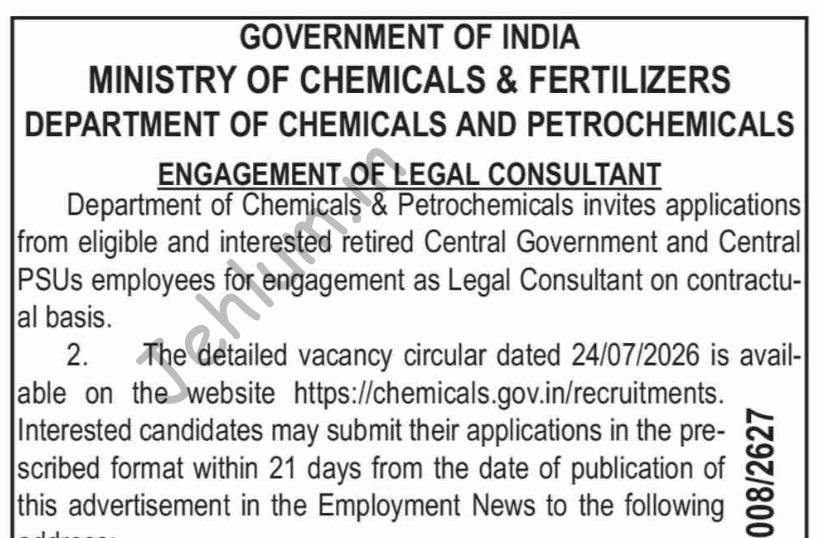 Department of Chemicals and Petrochemicals new delhi Legal Consultant job opportunities notice CBC 02101/11/0008/2627 1 Department of Chemicals and Petrochemicals new delhi Legal Consultant job opportunities notice CBC 02101/11/0008/2627